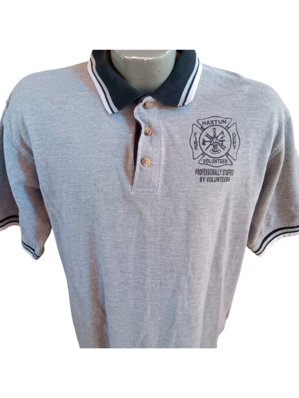 Men's Polo Shirt Medium Vtg Y2K Haxtun Colorado Volunteer Fire Dept Heather Knit